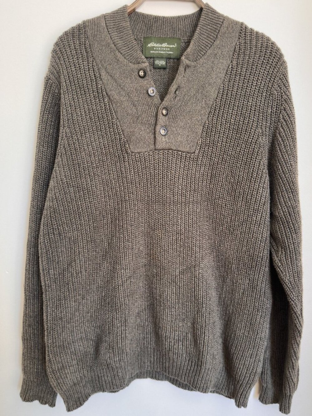 EDDIE BAUER HERITAGE GREEN RIBBED HENLEY SWEATER 100% COTTON SIZE MEDIUM